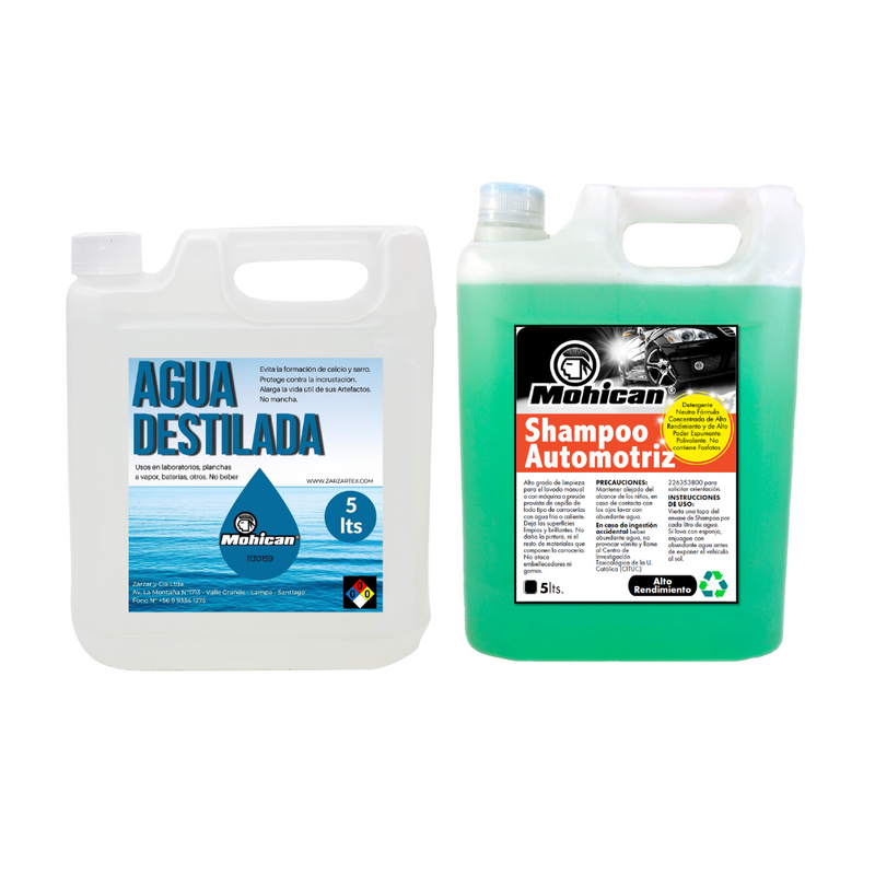 PROMO SHAMPOO PARA AUTOS + AGUA DESTILADA MOHICAN 5 LTS C/U