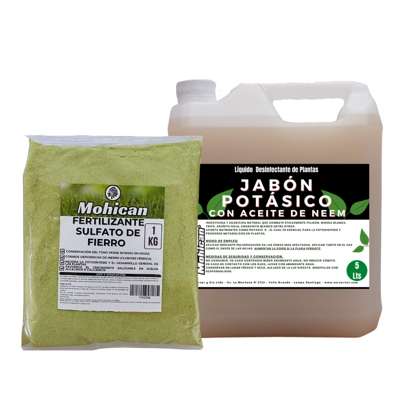 PROMO JABÓN POTÁSICO ACEITE NEEM 5LTS + SULFATO FIERRO 1KG