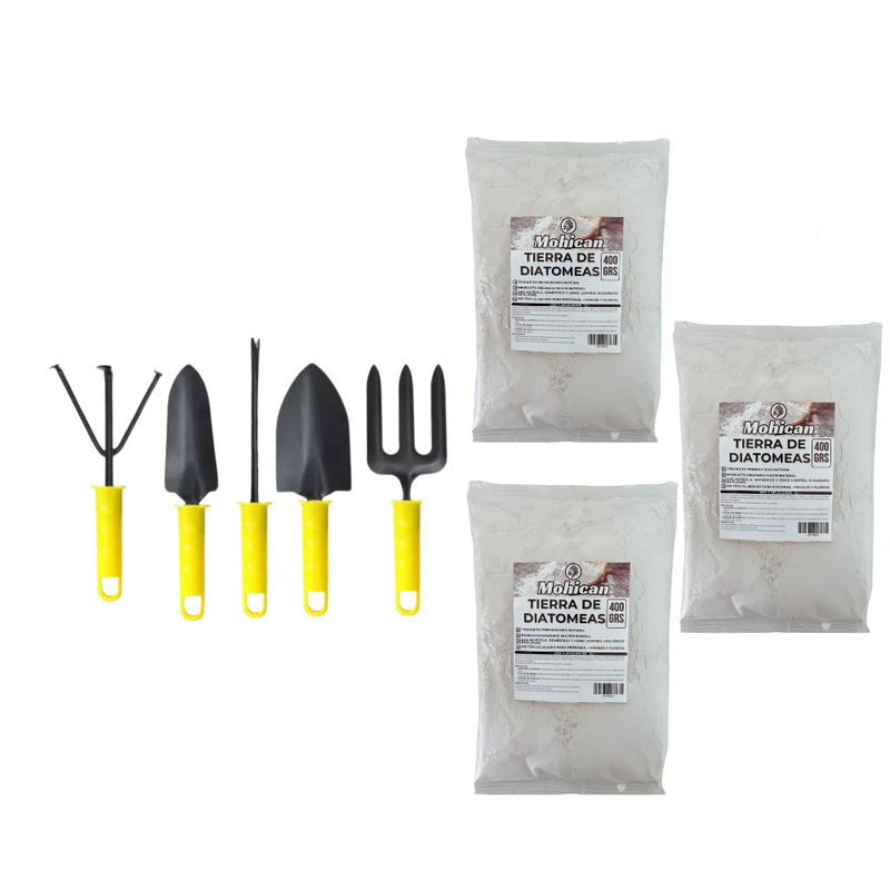 SET HERRAMIENTAS JARDIN MANGO PLA + TIERRA DIATOMEAS 1,2KG