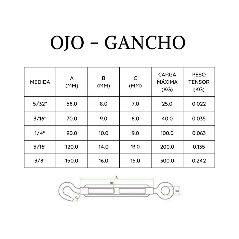 Tensores  Para Cable Ojo-gancho 5 Uni 3/16   Mohican